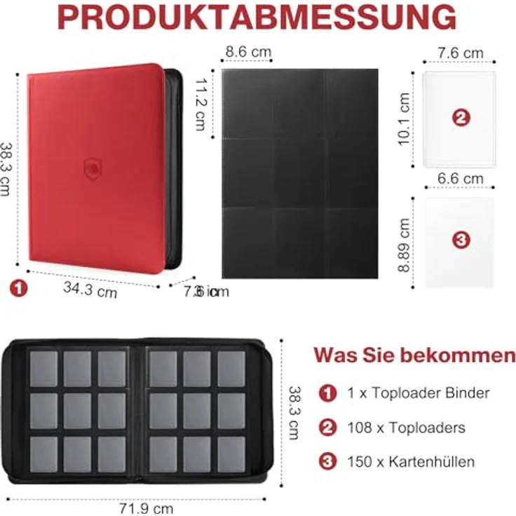 khlerox Toploader Sammelkarten Album für 360 Karten, inkl. 108 Premium-Toploader und 150 Kartenhüllen, wasserabweisend mit Reißverschluss – Bild 2
