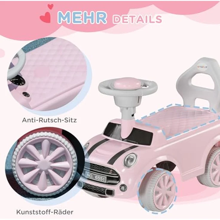 AIYAPLAY Kinder Rutschauto, Kinderfahrzeug mit Kippschutz, drehbarem Lenkrad und Hupe, rosa, 53 x 25 x 35 cm – Bild 5