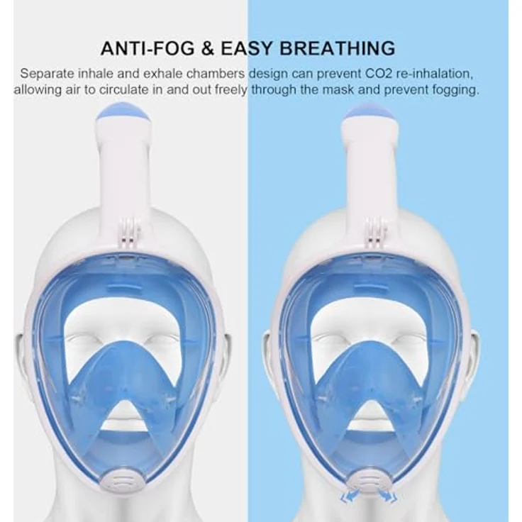 Jsdoin Schnorchelmaske Erwachsene Vollmaske, 180° Sicht mit Panorama-Vollgesichtsdesign, Sportkamera-kompatibel, Weiß Blau, L/XL – Bild 4