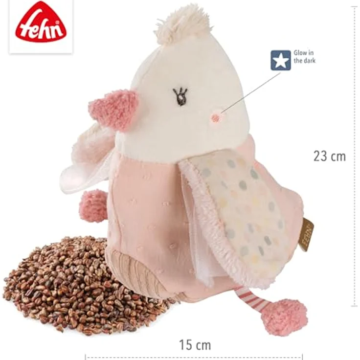 Fehn Wärmetier Vogel – Kuscheltier mit entnehmbarem Wärme- / Kältesäckchen für Babys ab der Geburt, mit "Glow-in-the-dark" Elementen, 23cm, Plüsch/Bouclette, Musselin, Cord, Velours, waschbar bei 30°C – Bild 4