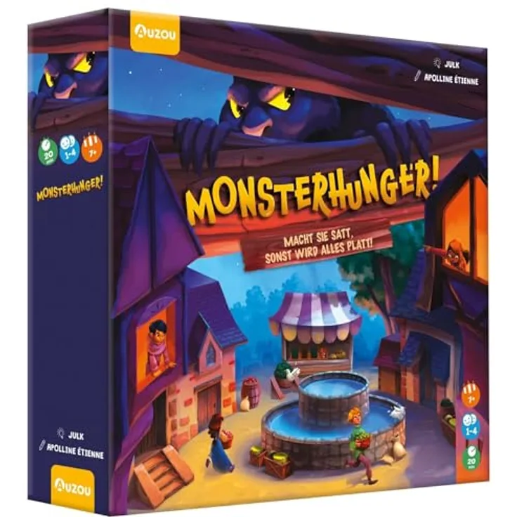 AUZOU Monsterhunger! Kooperatives Brettspiel für 1-4 Spieler ab 7 Jahren, 3-D Spielaufbau, füttert Monster und rettet das Dorf
