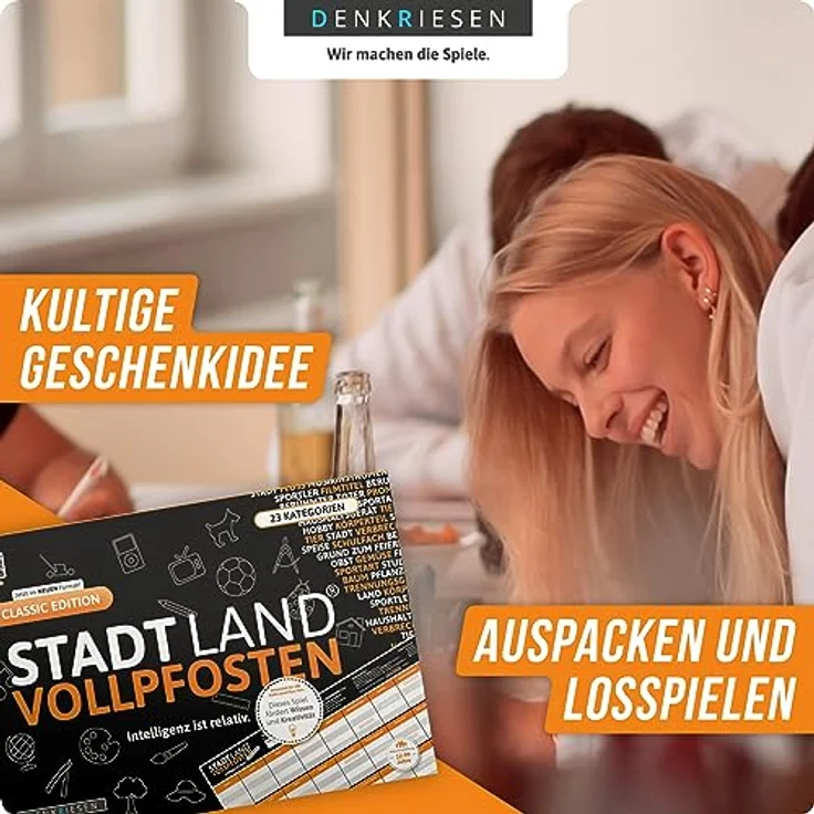 DENKRIESEN - Stadt Land VOLLPFOSTEN® Classic Edition - 'Intelligenz ist relativ' - A4 | Partyspiel | Familienspiel | Stadt Land Fluss | Spielblock | Geschenkidee – Bild 4