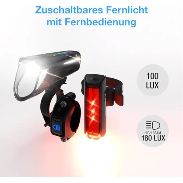 FISCHER Fahrrad LED-Akku Beleuchtungs-Set Twin Stop 100 Lux mit Fernlicht, mit Sensormodus, Lange Leuchtdauer, stabiles Aluminium-Gehäuse, schwarz, 1 Stück – Bild 2