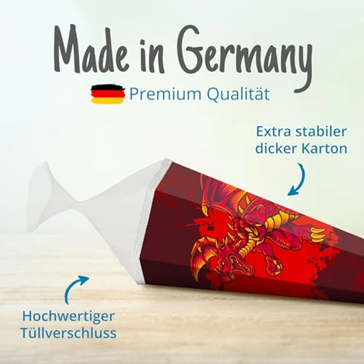 itenga Motiv Schultüte 85cm für Jungen, eckig mit Tüllverschluss, stabile Zuckertüte mit Dinosaurier, Traktor, Rennauto, Feuerwehr, Polizei, Fußball (Drache) – Bild 5