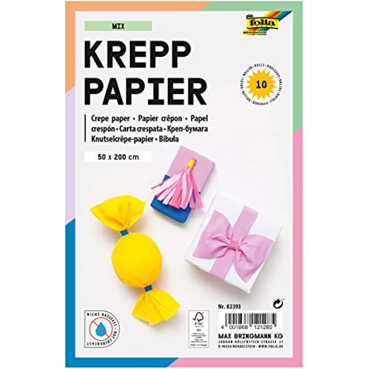 folia 82393 - Krepppapier - Sortiment Mix, 10 Rollen in verschiedenen Farben, jede Rolle ca. 50 x 200 cm, sehr elastisches und dünnes Papier, mit einer unebenen und rauen Oberfläche – Bild 2