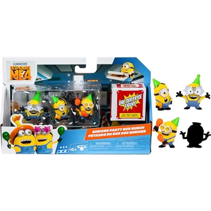MINIONS Ich – Einfach unverbesserlich 4, 4er-Packung Partybus-Truppe Sammelfiguren, 5,8 cm groß, mit 3 sichtbaren Figuren und 1 Überraschungsfigur