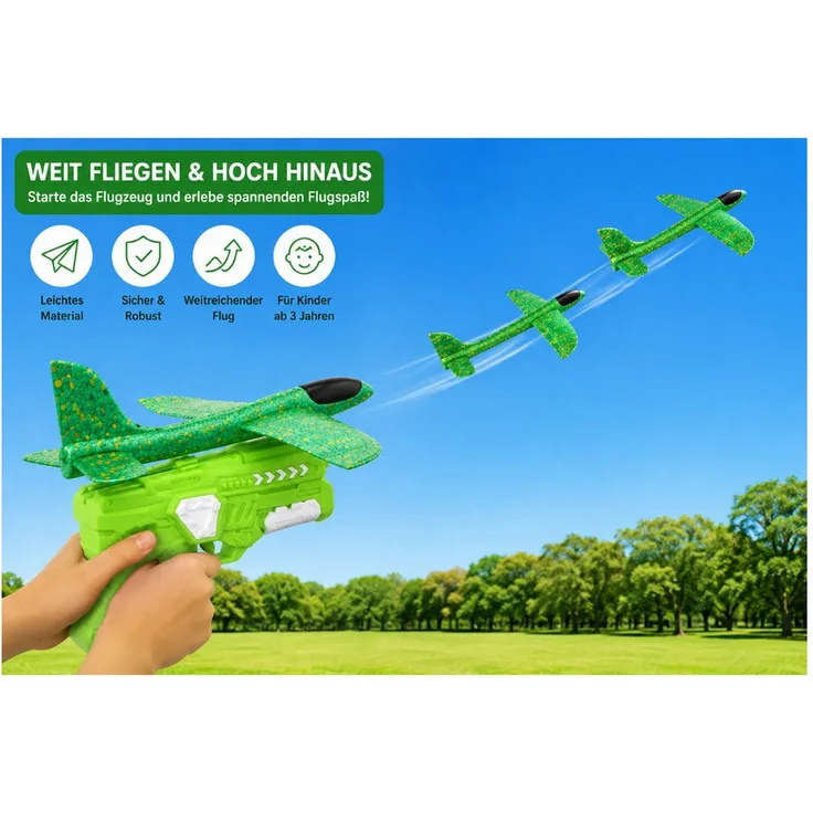 R2 Invest Schaumstoff Gleitflugzeug, Spielzeug-Flugzeug mit Abschuss-Launcher für Kinder, ideal für Garten und Spielplatz
