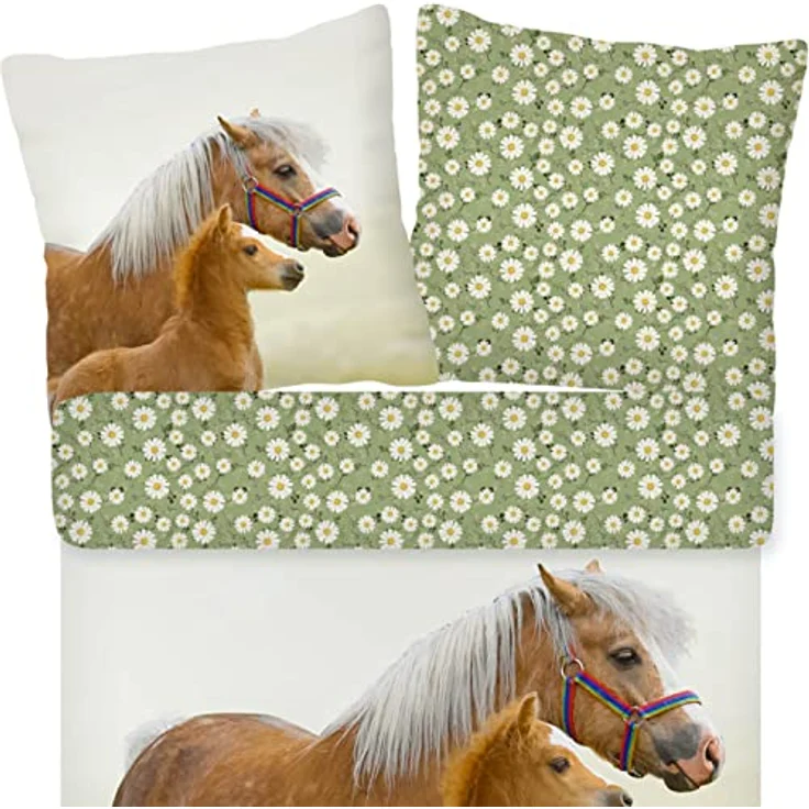 ESPiCO Bettwäsche Trendy Bedding Pferd Pony Fohlen Haflinger Koppel Blumen Blümchen Grün Braun Renforcé, 2-teilig, 100% Baumwolle, Atmungsaktiv, Öko-Tex Standard 100, 135x200 cm – Bild 2