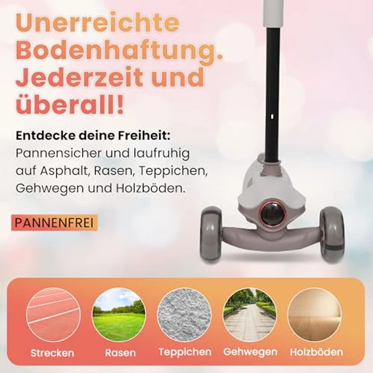 Habib Gruppe Kinderroller Tretroller 3-Rad mit LED Front- und Rücklicht, Höhenverstellbar, rutschfest, faltbar, pannensicher für Kinder (3-10 Jahre), Braun – Bild 5