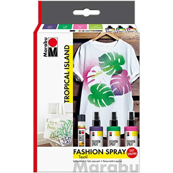 Marabu 1719000000085 - Fashion Spray, Tropical Island, Textilsprühfarbe auf Wasserbasis, für helle Textilien, einfache Fixierung, waschbeständig bis 40°C, 3 x 100 ml Farbe und 25 ml Fashion Liner