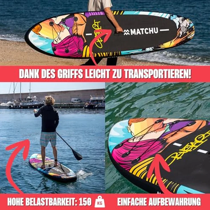 MATCHU Aufblasbares SUP Board - Paddelbrett, Limited Edition mit Zertifikat, Komplettset, 320x81x15 cm, belastbar bis 150 KG, Art Collection (BustArt Collection) – Bild 4