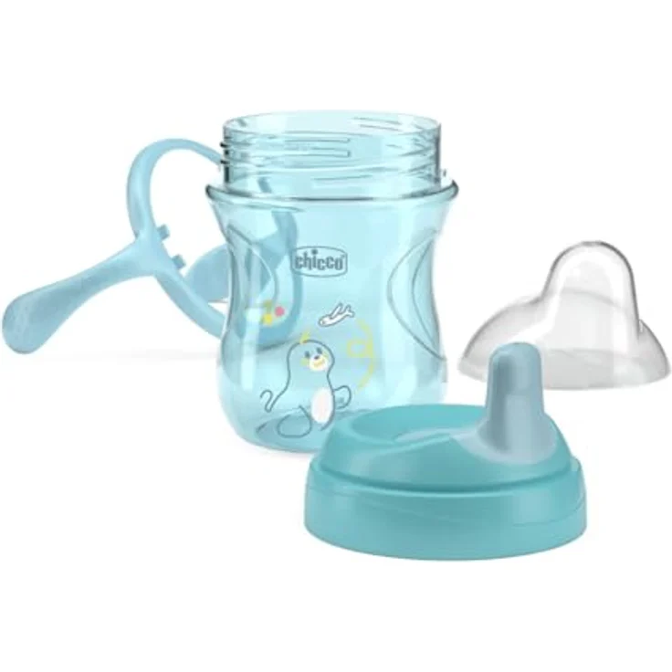 Chicco Training Trinklernbecher, auslaufsicherer Kunststoffbecher mit ergonomischer halbweicher Tülle, Ventil und abnehmbaren Griffen, Hellblau, für Babies ab 6 Monaten – Bild 4