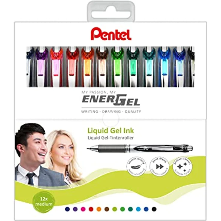 Pentel EnerGel Tintenroller Set, 12er-Etui mit 0,35 mm Metallspitze, Flüssiggelfüller – Bild 3