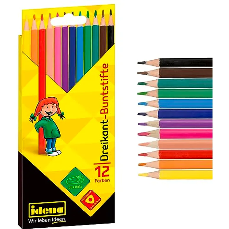 Idena 20134 - Buntstifte in 12 Farben, Farbstifte aus FSC Holz in ergonomischer Dreiecksform, verpackt im Kartonetui