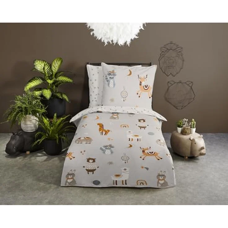 Good Morning Kinder Bettwäsche 135x200 Woody Tiere Vintage Indie Silber 31020, 100% Baumwolle, mit Reißverschluss, Öko-Tex Standard 100 – Bild 2