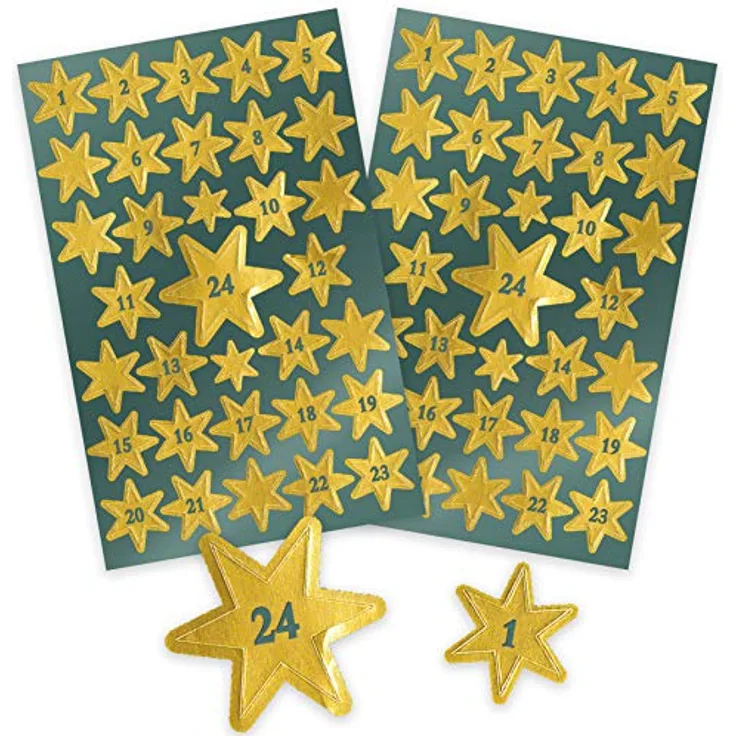 AVERY Zweckform 66 Aufkleber Weihnachten Sterne gold Glanzpapier (Made in Germany, Weihnachtskalender, selbstklebende Weihnachtsdeko, Zahlen 1-24)