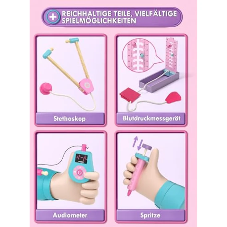 Lehoo Castle Arztkoffer Kinder, 23-teiliges Spielzeugset mit Arztkittel und Medizingeräten, rosa, für Mädchen ab 3 Jahren – Bild 2