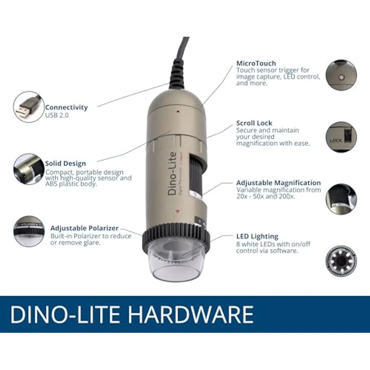 Dino Lite AM4113ZT Handmikroskop, 200 × Vergrößerung, USB 2.0, 1280 x 1024 Auflösung, einstellbare Polarisierung, Mess- und Kalibrierungsfunktionen – Bild 3