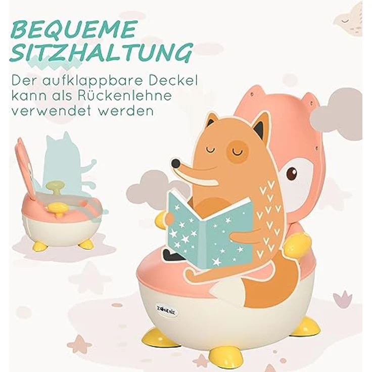 ZONEKIZ Toilettentrainer Kindertoilette Fuchs-Design, ergonomische Rückenlehne, Spritzschutz, herausnehmbarer Innentopf, für Kleinkinder von 6 Monaten bis 3 Jahre, rosa/weiß/gelb – Bild 6
