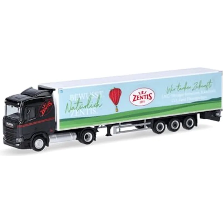 Herpa LKW Modell Scania CR20 ND LNG Kühlkoffer-Sattelzug Zentis, Miniatur im Maßstab 1:87, Sammlerstück aus hochwertigem Kunststoff, Made in Germany