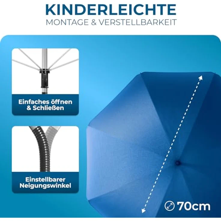 STYNGARD Sonnenschirm Kinderwagen Modell ROME, UV Schutz 50+, 70 cm Durchmesser mit Überhang, 360° verstellbar, flexibele Universalhalterung – Bild 5