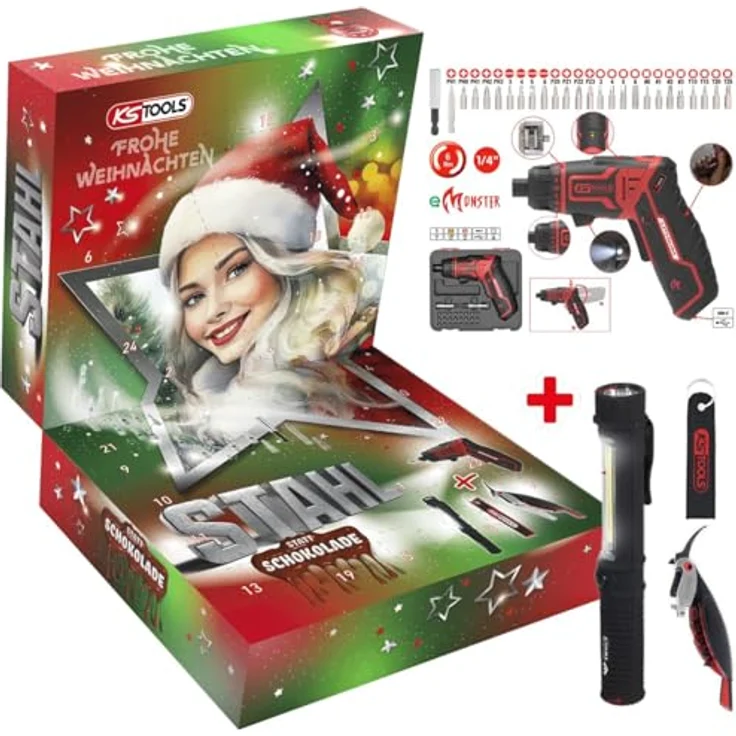 KS Tools eMONSTER Werkzeug Adventskalender, 27-teilig mit 1/4" Akku-Bit-Schrauber-Satz und Zubehör im Kunststoffkoffer – Bild 2