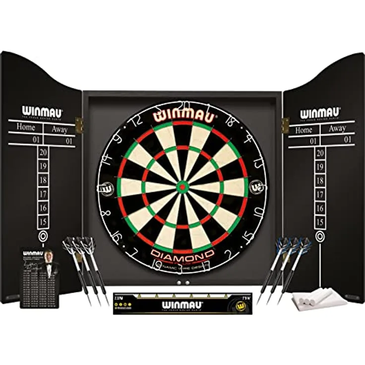WINMAU Professionelles Dart Set, Diamond Plus Dartscheibe mit Hochwertigem Schrank und Oche Line