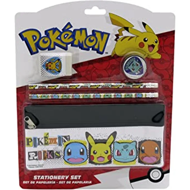 CYPBRANDS Pokémon Schreibwaren-Set, bunt, Federmäppchen mit 2 Bleistiften, Radiergummi und Bleistiftspitzer, Unisex für Kinder