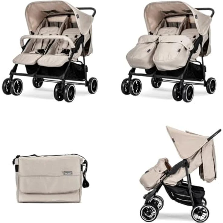 Lorelli Zwillingswagen TWIN, Kinderwagen mit Wickeltasche, schwarz – Bild 4