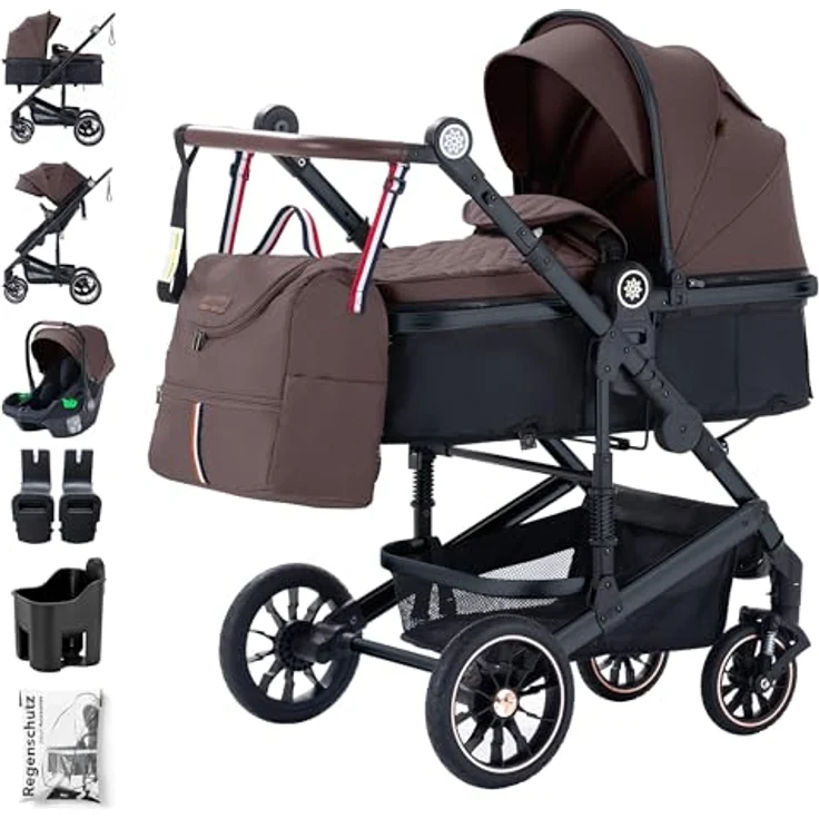 Daliya® NEOMOVE 3in1 Kinderwagen, Buggy & i-Size Babyschale | Alu-Rahmen | Großer Einkaufskorb | Stadt & Gelände (Schwarz-Weinrot) – Bild 1