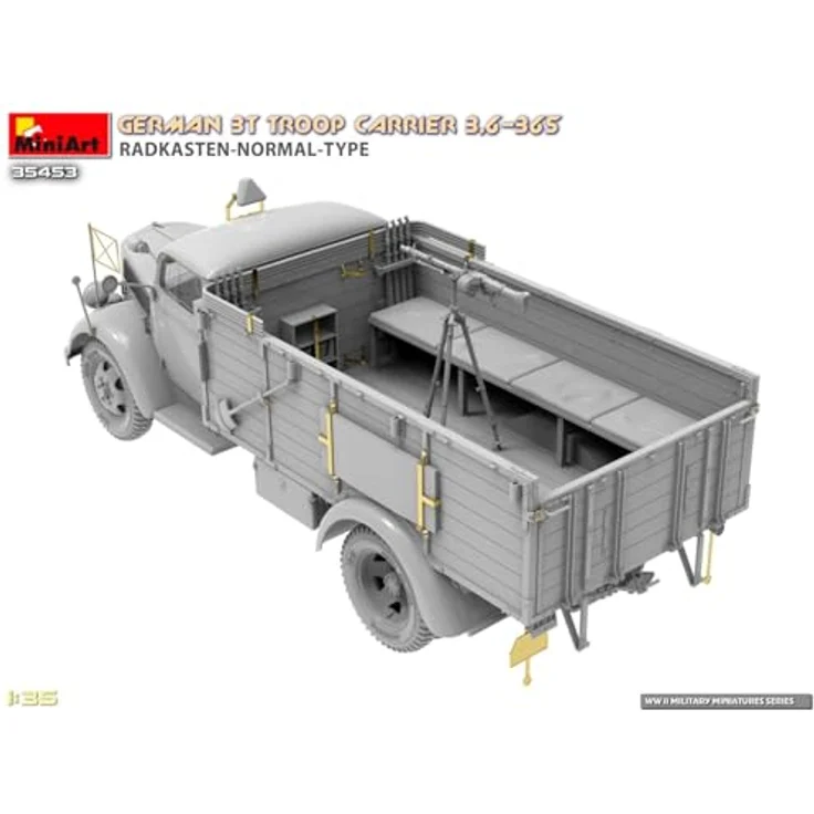 Mini Art Miniart 1:35 - German 3T Truck 3,6-36S Radkasten Normal Type, detaillierter Modellbausatz mit Truppenbänken für Wehrmacht-Transporter – Bild 17