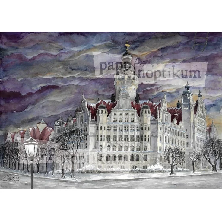 Pappnoptikum Adventskalender Leipzig Neues Rathaus, Aquarell Papier, 38x27cm, nostalgisches Veränder-mich-Motiv