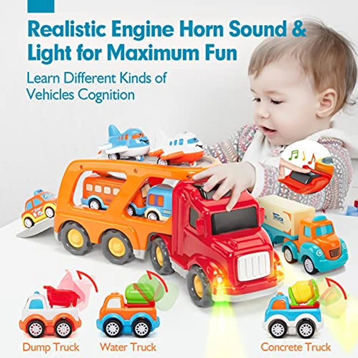 Auto Spielzeug ab 2 Jahre Cars Spielzeug für Kinder, 10 in 1 Baby Spielzeug ab 1-3 Jahr LKW mit Licht und Musik für Jungen, Kinder Auto Transporter Spielzeug ab 1 2 3 4 Jahre Junge Geschenk – Bild 3