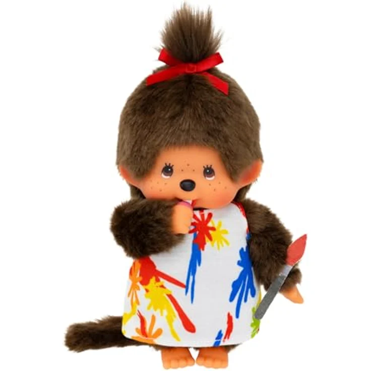 Monchhichi Plüschfigur Mädchen im Malerin-Kleid mit Zopf, 20 cm Kuscheltier aus weichem Fell – Bild 3