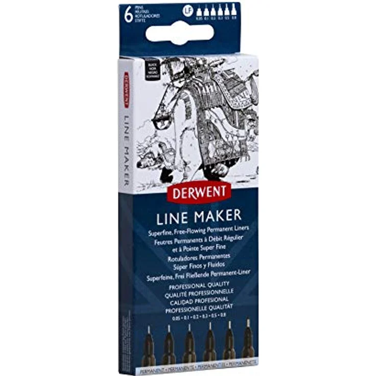 Derwent LINE Maker Black Wallet 6, feine permanente Filzstifte, hergestellt in Großbritannien – Bild 2