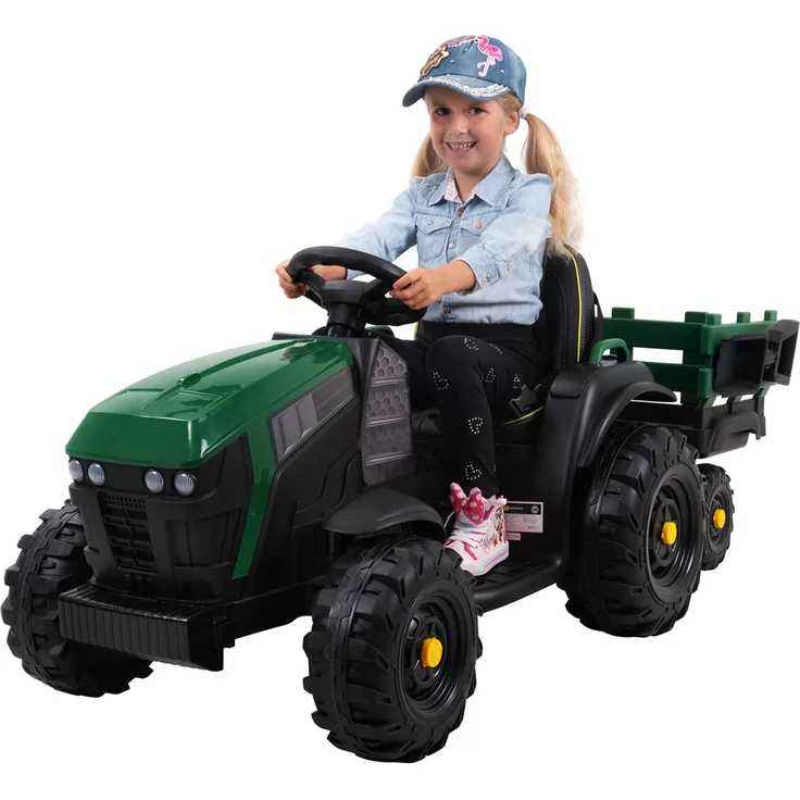 Actionbikes Motors Kinder Elektrotraktor mit Anhänger, sicherer Fahrspaß mit Fernbedienung, 12V-Motoren, grün