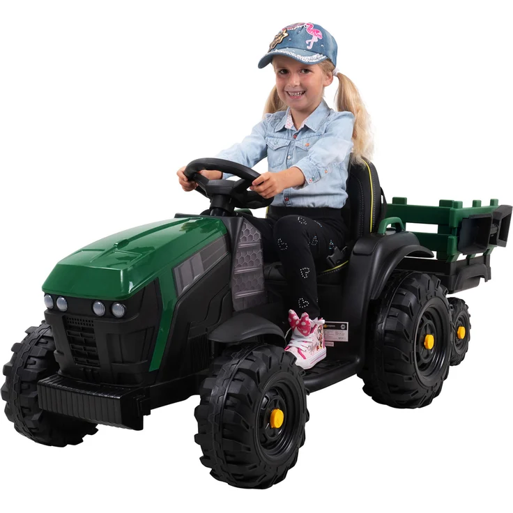 Actionbikes Motors Kinder Elektrotraktor mit Anhänger, sicherer Fahrspaß mit Fernbedienung, 12V-Motoren, grün