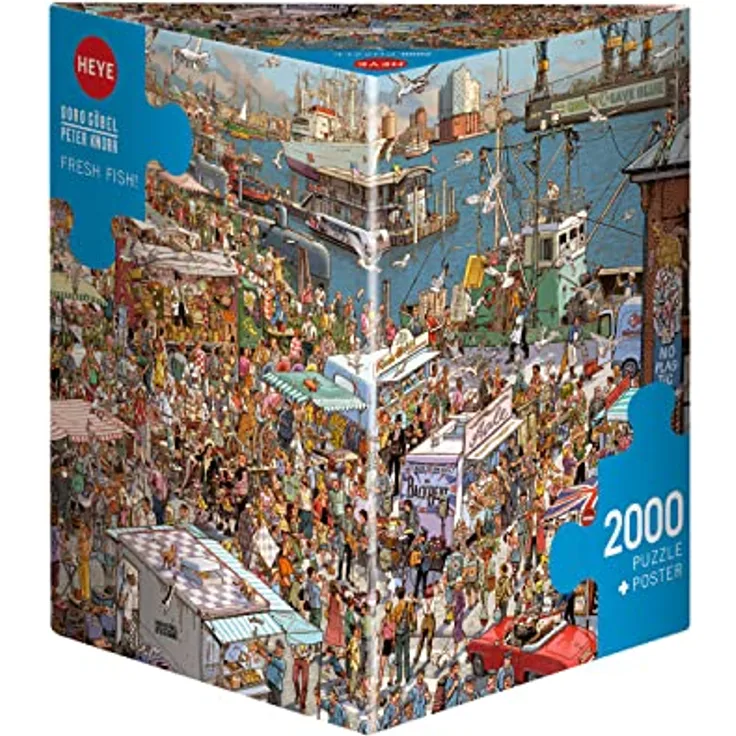Heye Fresh Fish! Puzzle 2000 Teile, Karton mit detailreichem Hafenmotiv, Silver