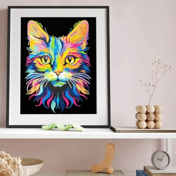 Diamond Dotz Kreativset Diamond Painting Neon Katze, hochwertige Strasssteine mit 13-Facettenschliff und Neonfarben auf schwarz beflocktem Hintergrund – Bild 6