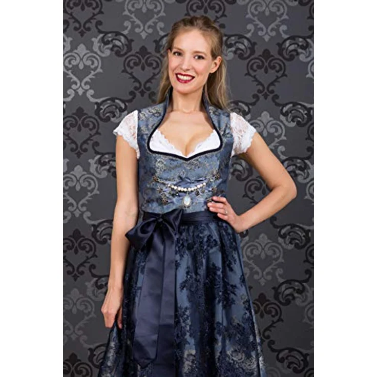 Edelnice Dirndl Adriana, Damen Dirndl in hellblau-silbernem Brokatstoff mit dunkelblauer Spitzenschürze – Bild 4
