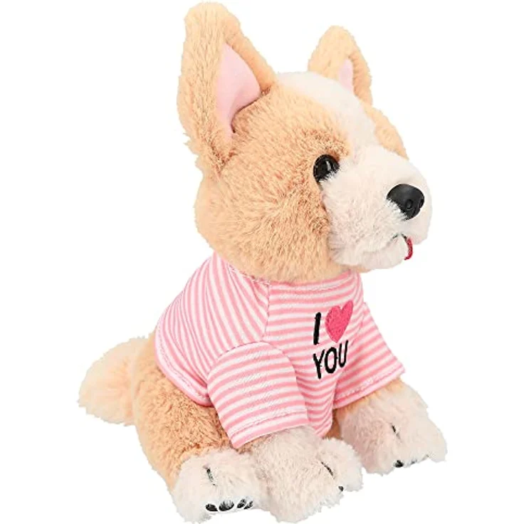 Depesche 12078 TOPModel - Kuscheltier Corgi Lotti mit hellbraunem Fell und rosa gestreiftem T-Shirt, ca. 18 cm großer Plüschhund – Bild 2