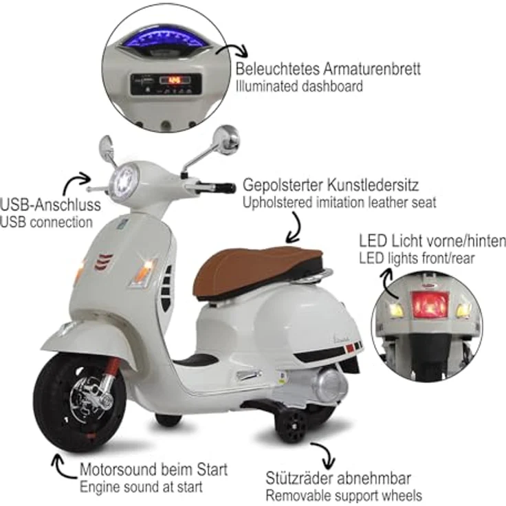 Weiss Ride-on Vespa GTS 125 Li-Power 12.6, elektrisches Kinderfahrzeug mit 60 km/h und Lithium-Ionen-Akku, weiss – Bild 4