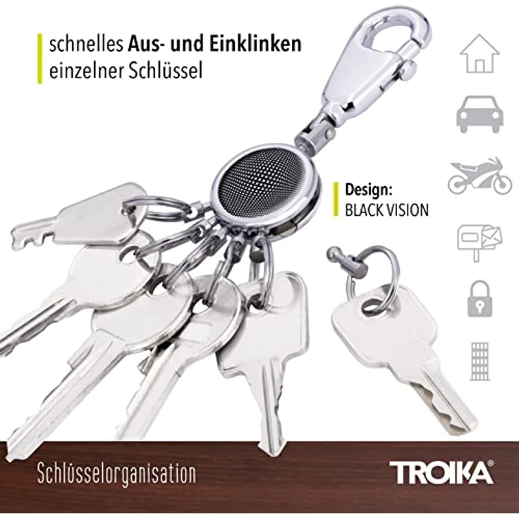 TROIKA PATENT BLACK VISION Schlüsselhalter – Karabinerhaken mit 6 ausklinkbaren Ringen – glänzendes Design, ideal zur Schlüsselorganisation – Original TROIKA – Bild 3