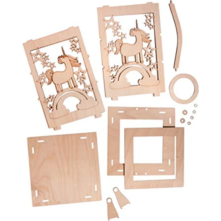 Rayher Holz Laterne Einhorn mit Griff, 15,3x15,3x26,5cm, Holzbausatz, 15-tlg.,Windlicht, für LED-Kerze, Lichterkette, FSC Mix Credit, 62892505 – Bild 3