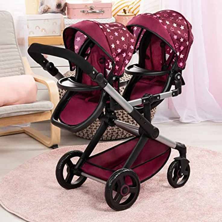 Bayer Puppen-Zwillingsbuggy Xeo Twin, bordeaux, mit verstellbaren Sonnenverdecken und Wickeltasche – Bild 2