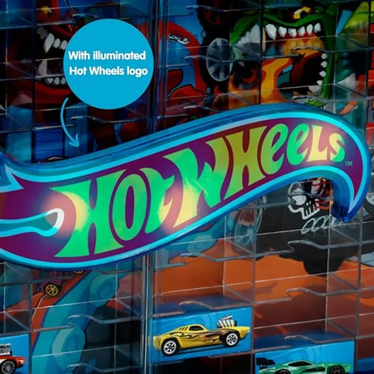 Theo Klein HW - Sammelkoffervitrine für 54 Autos, leuchtendes Hot Wheels Logo, Wandmontage, 2-flügelige transparente Vitrinentür, Tragegriff – Bild 6