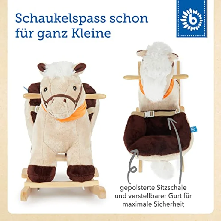 Bieco Plüsch Schaukeltier Pferd 73,5x33,5x53cm | Schaukelpferd Baby | Schaukeltier Baby | Kinderschaukel Indoor | Baby Wippe | Baby Schaukel | Schaukelpferd ab 1 Jahr | Baby Spielzeug ab 9 Monate – Bild 3