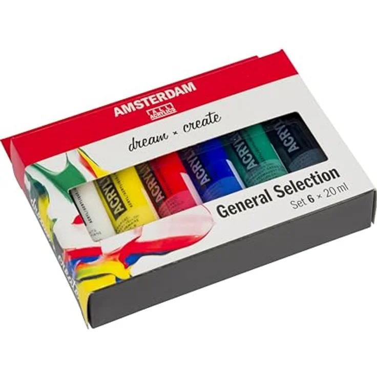 Amsterdam Standard Series Acrylfarben Set, 6 x 20 ml Tuben mit Titanweiß, Primärgelb, Pyrrolrot, Ultramarin, Permanentgrün dunkel, Oxidschwarz, lichtbeständige Farben mit seidenmattem Finish – Bild 3
