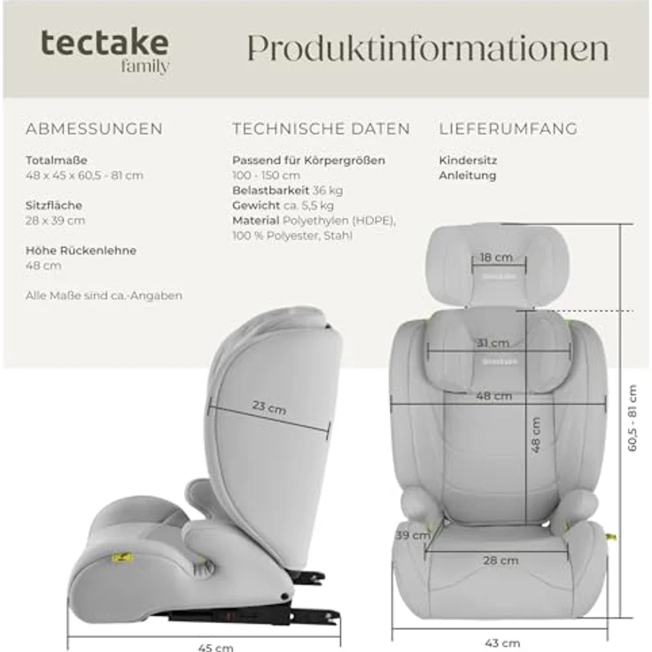 tectake Levi Autokindersitz, i-Size zugelassen für Gruppe I/II/III (9-36 kg), stufenlos höhenverstellbare Kopfstütze, pflegeleichter Bezug – Bild 6
