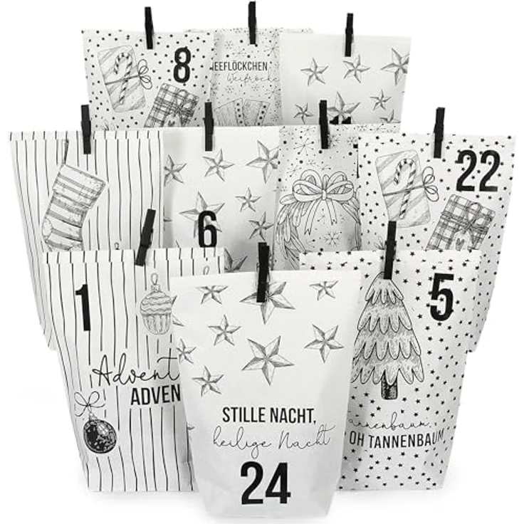PAPIERDRACHEN Extravaganter Adventskalender zum Befüllen - mit 24 weißen Geschenktüten und 24 Zahlenaufklebern - Motiv Christmas Set 15 - zum Basteln und Verschenken - Weihnachten & Advent – Bild 1